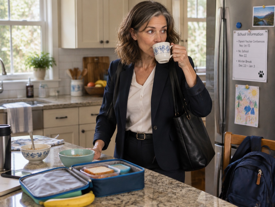 A woman in her forties at a kitchen counter on a weekday morning