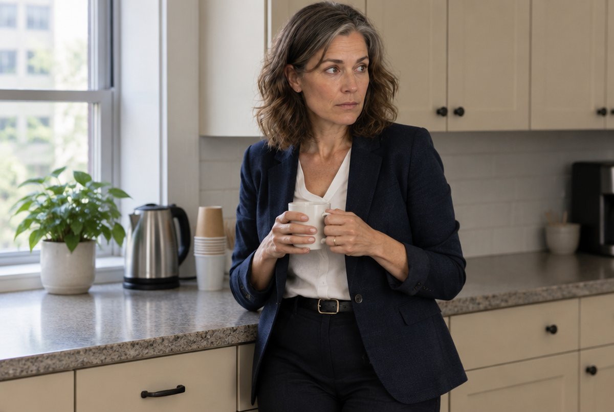 A woman in her forties holding a mug in an office kitchenette in the afternoon