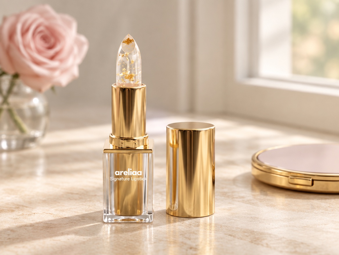 The Areliaa Signature Lipstick, gold tube with a clear bullet