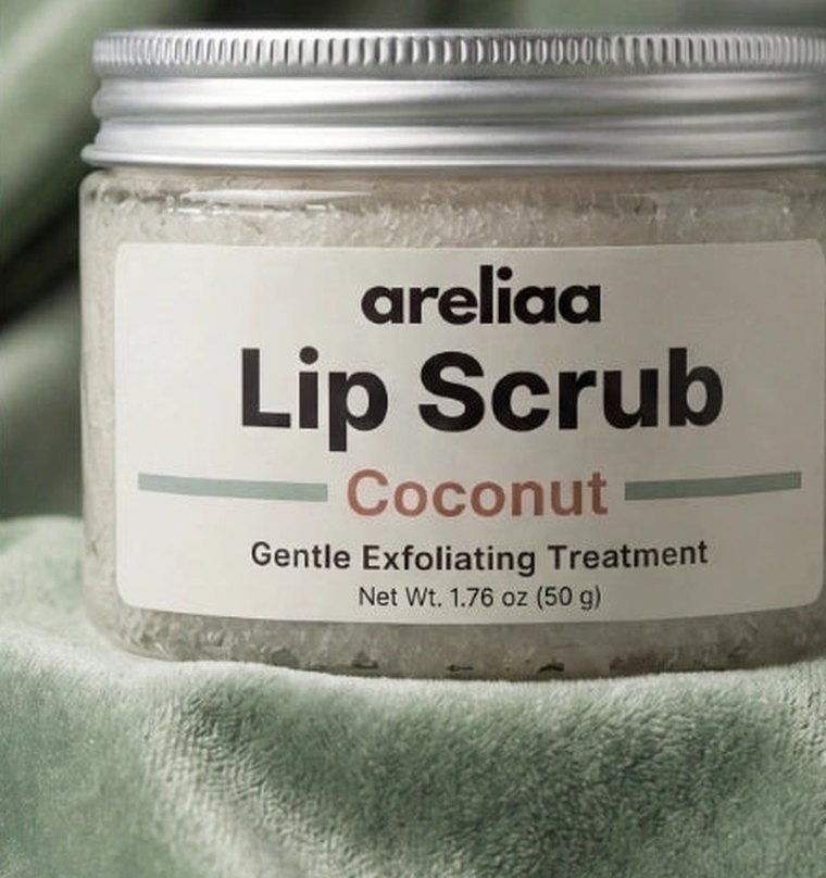 The Areliaa Lip Scrub, a glass jar with a silver lid