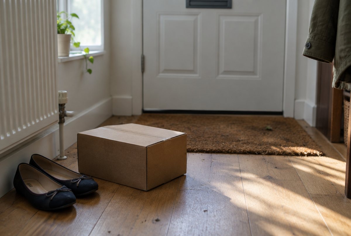 A small unmarked parcel on the floor of a hallway inside a front door