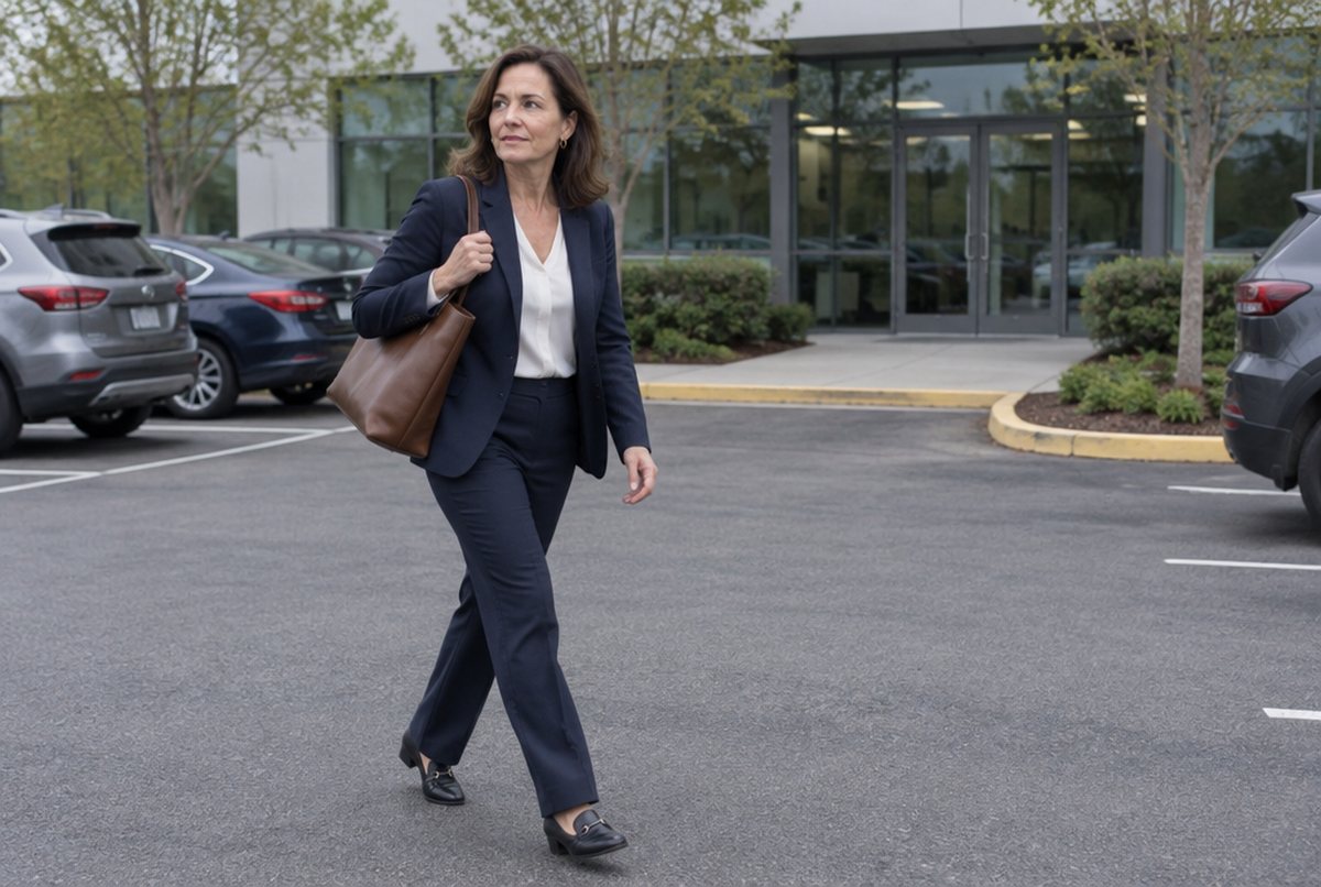 A woman in her forties walking across an office parking lot on an overcast morning