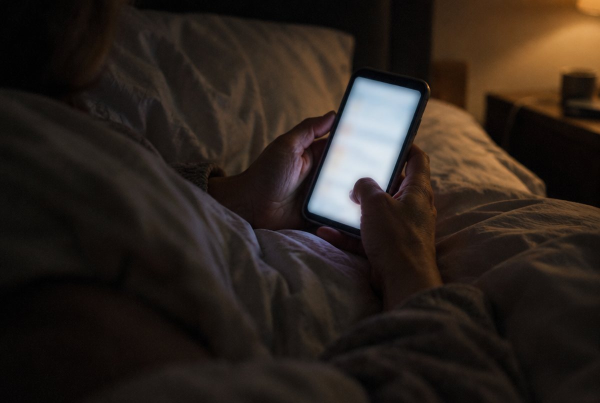 A woman holding a phone in bed late at night, the screen blurred