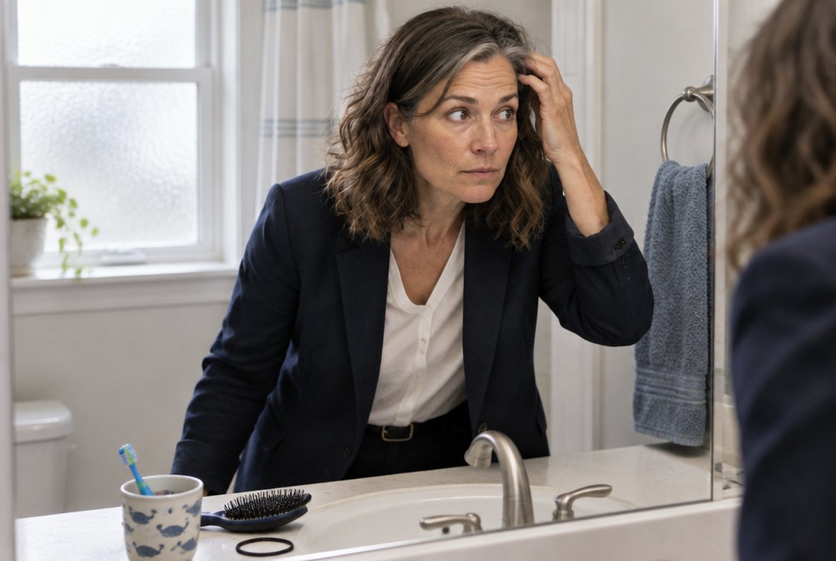 A woman in her forties leaning toward a family bathroom mirror before work